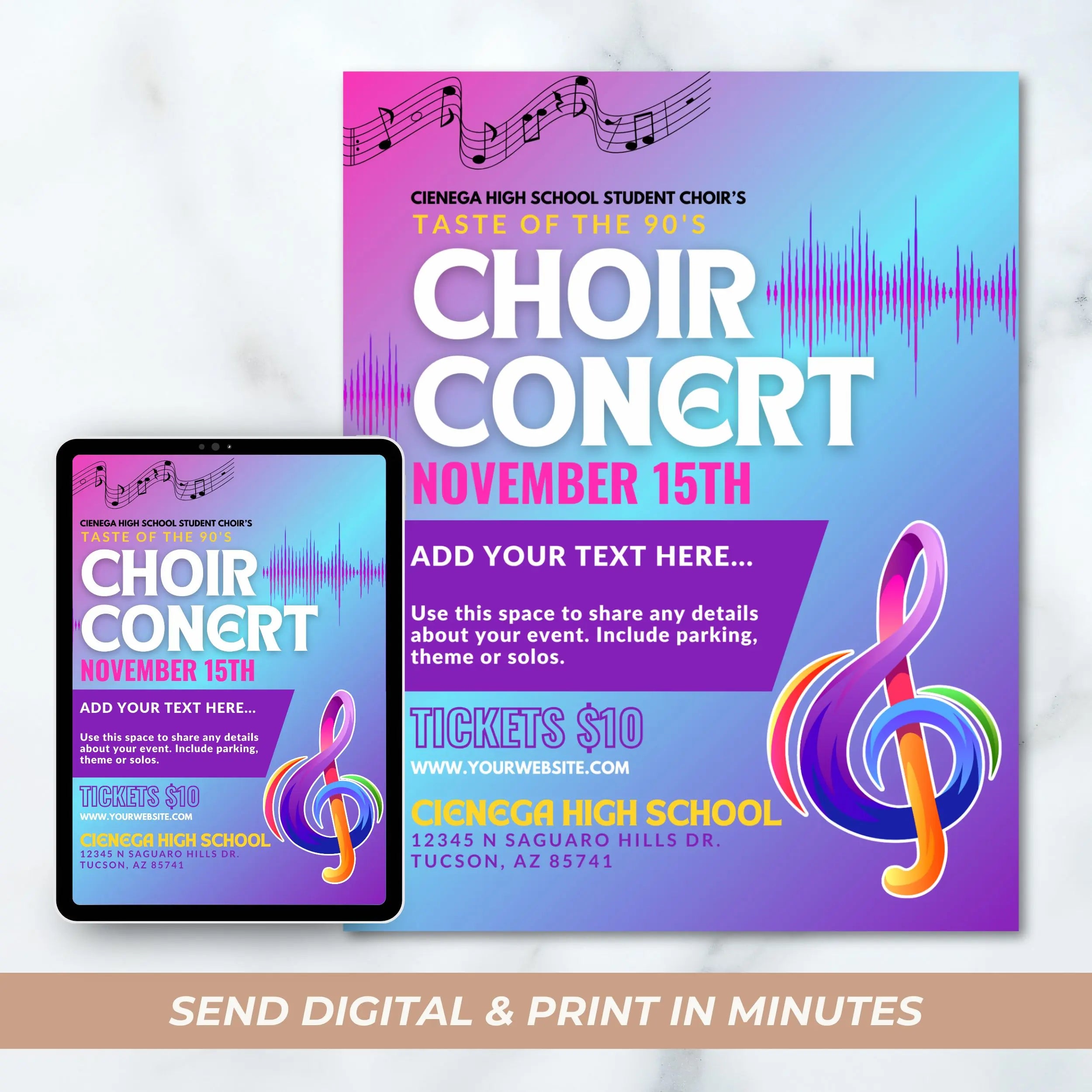 Colorful choir concert flyer template displayed on a marble surface and on tablet.