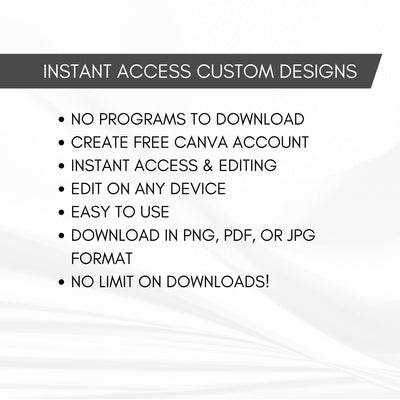 Text detailing features of instant access to custom designs with Canva.