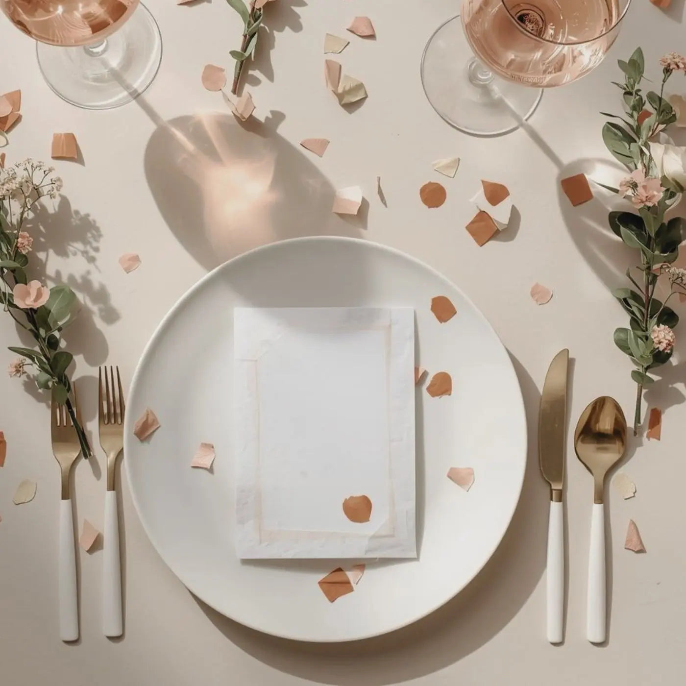 Elegant table setting with white plates, gold cutlery, and floral decorations on a light background representing a collection of dinner party invitations by Simple Desert Designs.