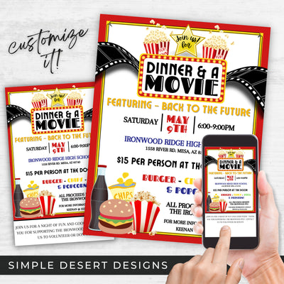 dinner and a movie night invitation flyers for school church or community fundraiser event