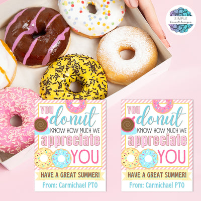 customizable end of school or end of year donut theme appreciation tags for any school church nurse volunteer or employee appreciation gift
