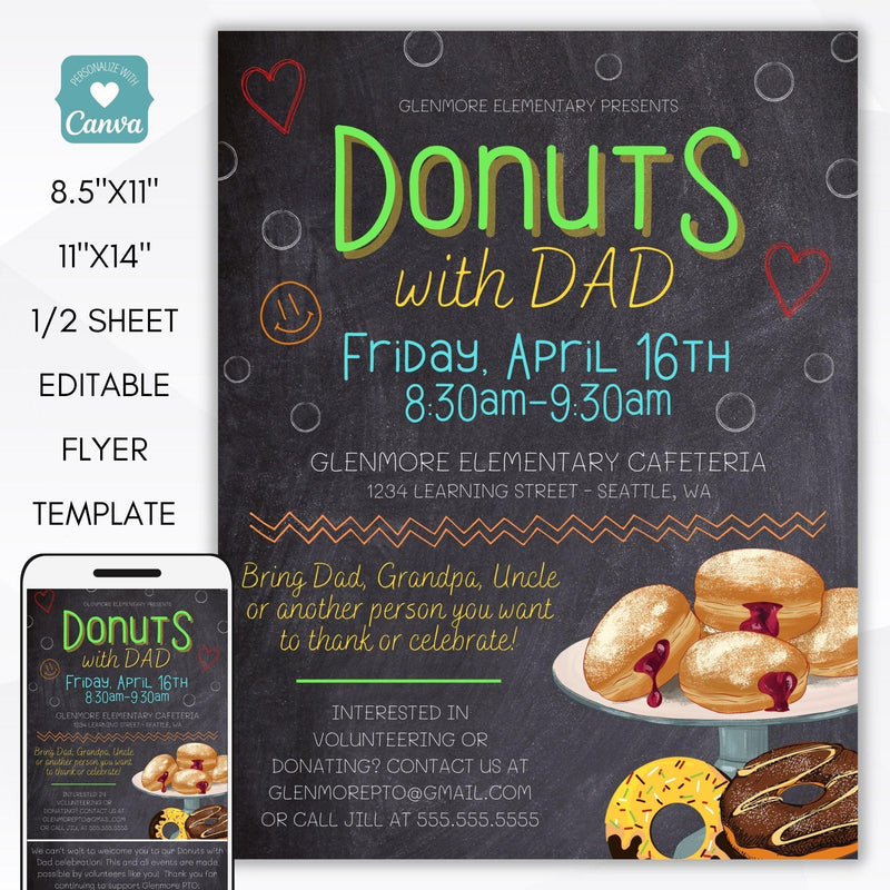 donuts with dad editable printable flyer invitation set school pto pta ptc church non profit organization invitation