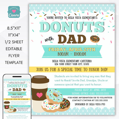 donuts with dad editable printable flyer invitation set school pto pta ptc church non profit organization invitation