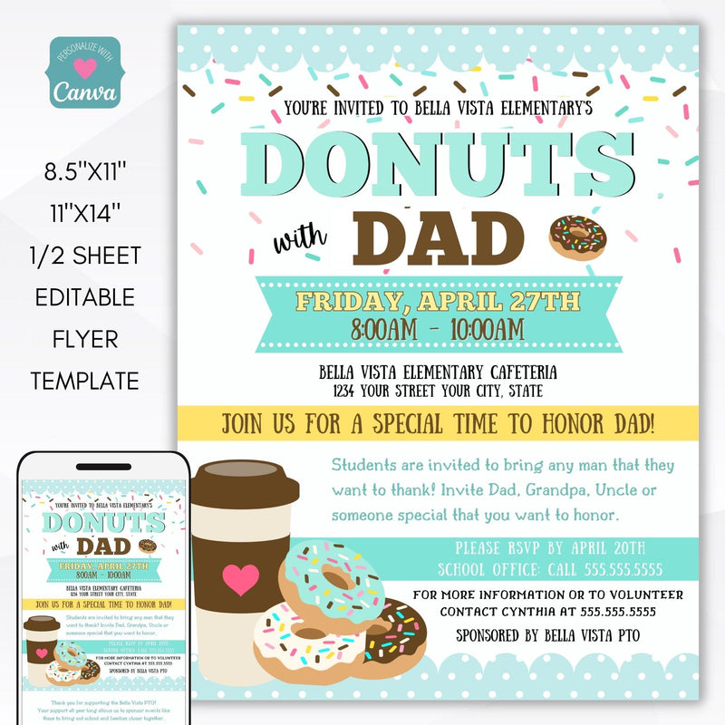 donuts with dad editable printable flyer invitation set school pto pta ptc church non profit organization invitation