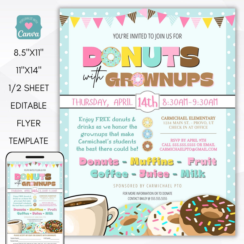 donuts with grownups donuts with dad editable printable flyer invitation set school pto pta ptc church non profit organization invitation