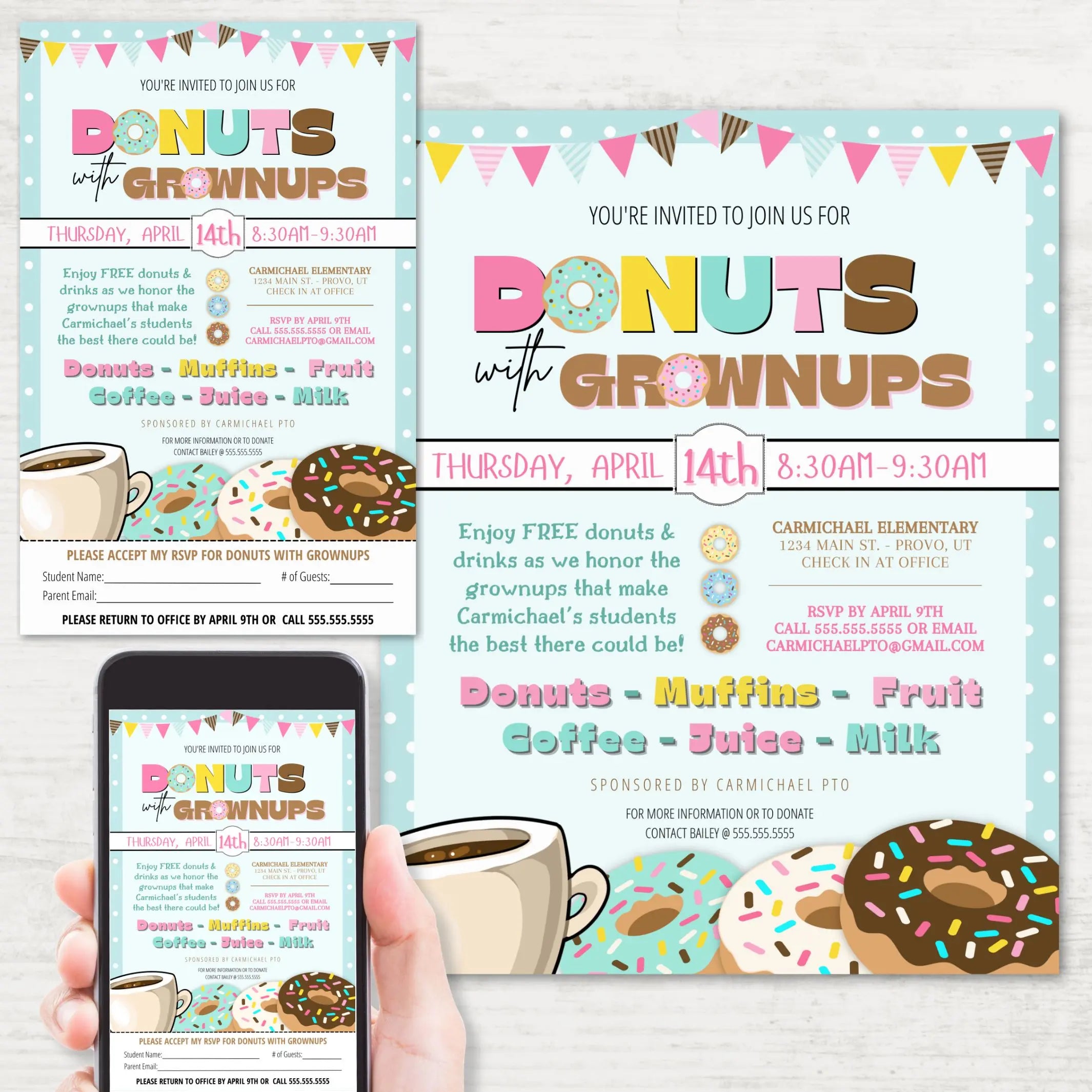 Colorful donuts with grownups event flyers for school or church parent engagement event displayed on light wood surface and on phone. Half sheet flyer with tear or cut off RSVP slip included.