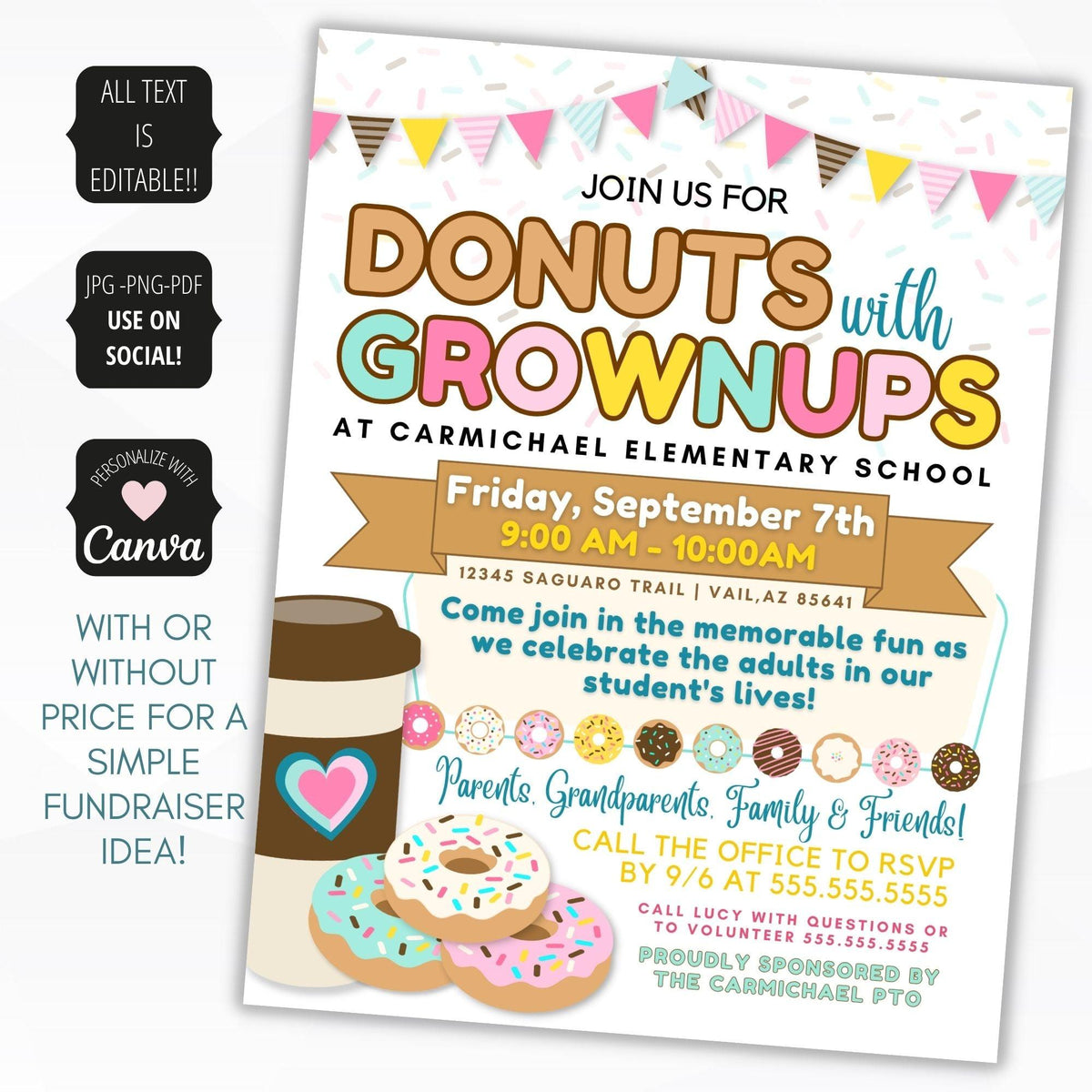Donuts With Grownups School Flyer Template - Simple Desert Designs
