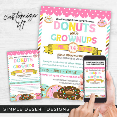 cute colorful donuts with grownups flyer in half sheet full sheet and digital on cell phone