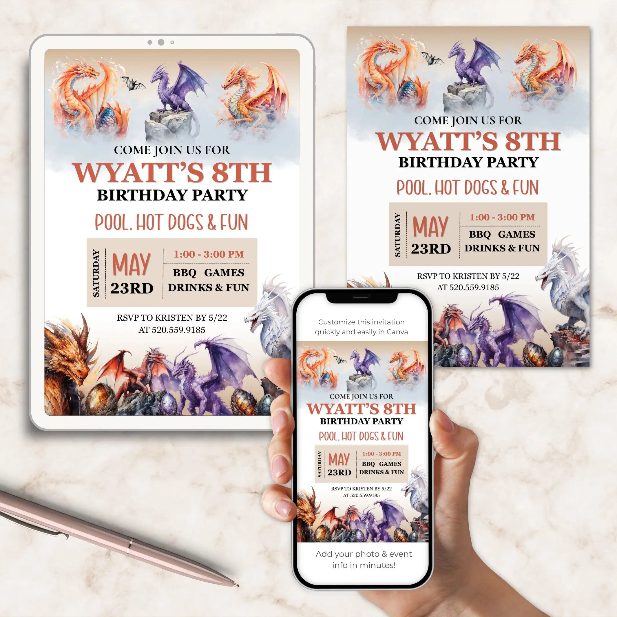 Birthday party invitation with dragons on a tablet and phone screen.