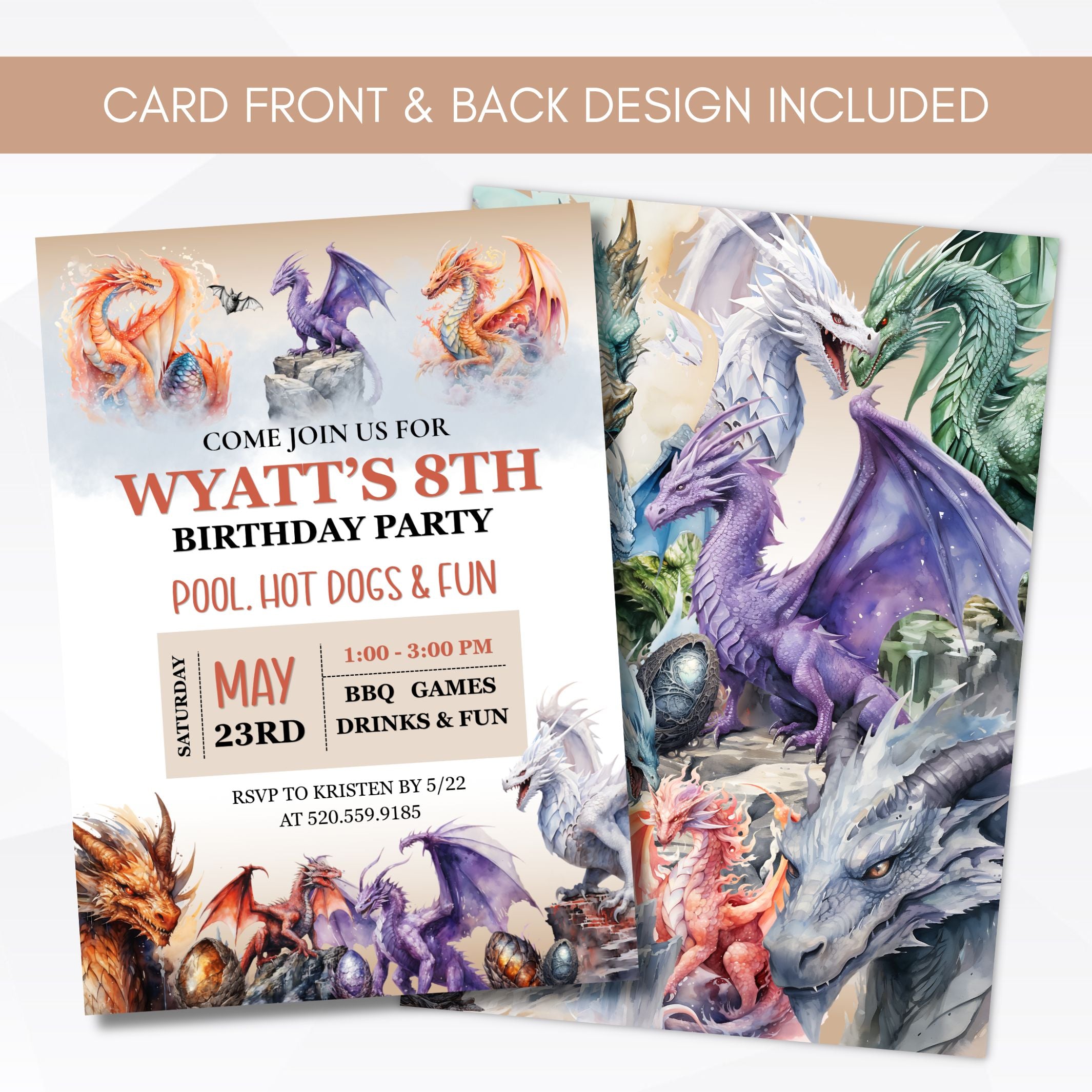 Birthday party invitation with dragon illustrations on a white background