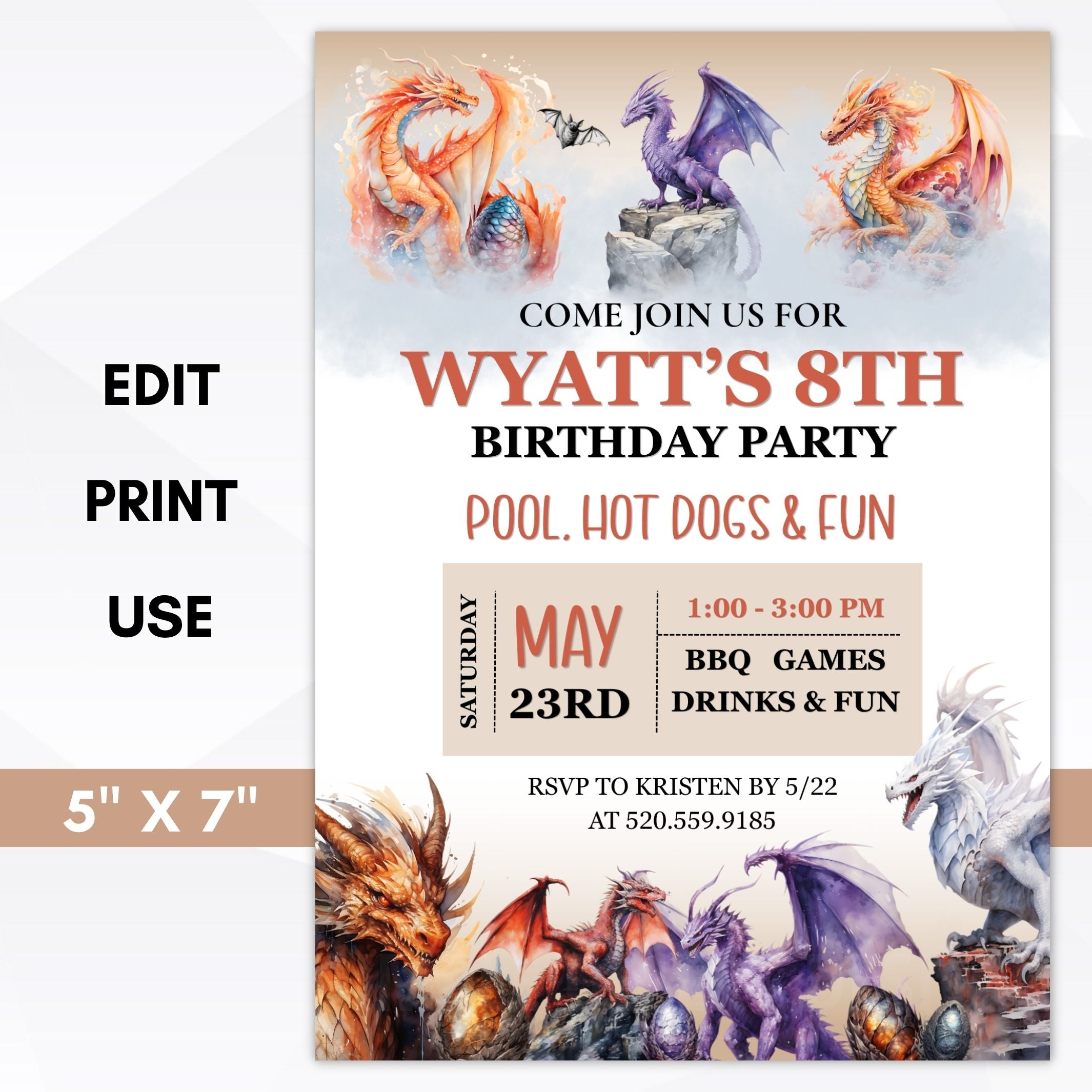 Birthday party invitation with dragons and event details on a white background