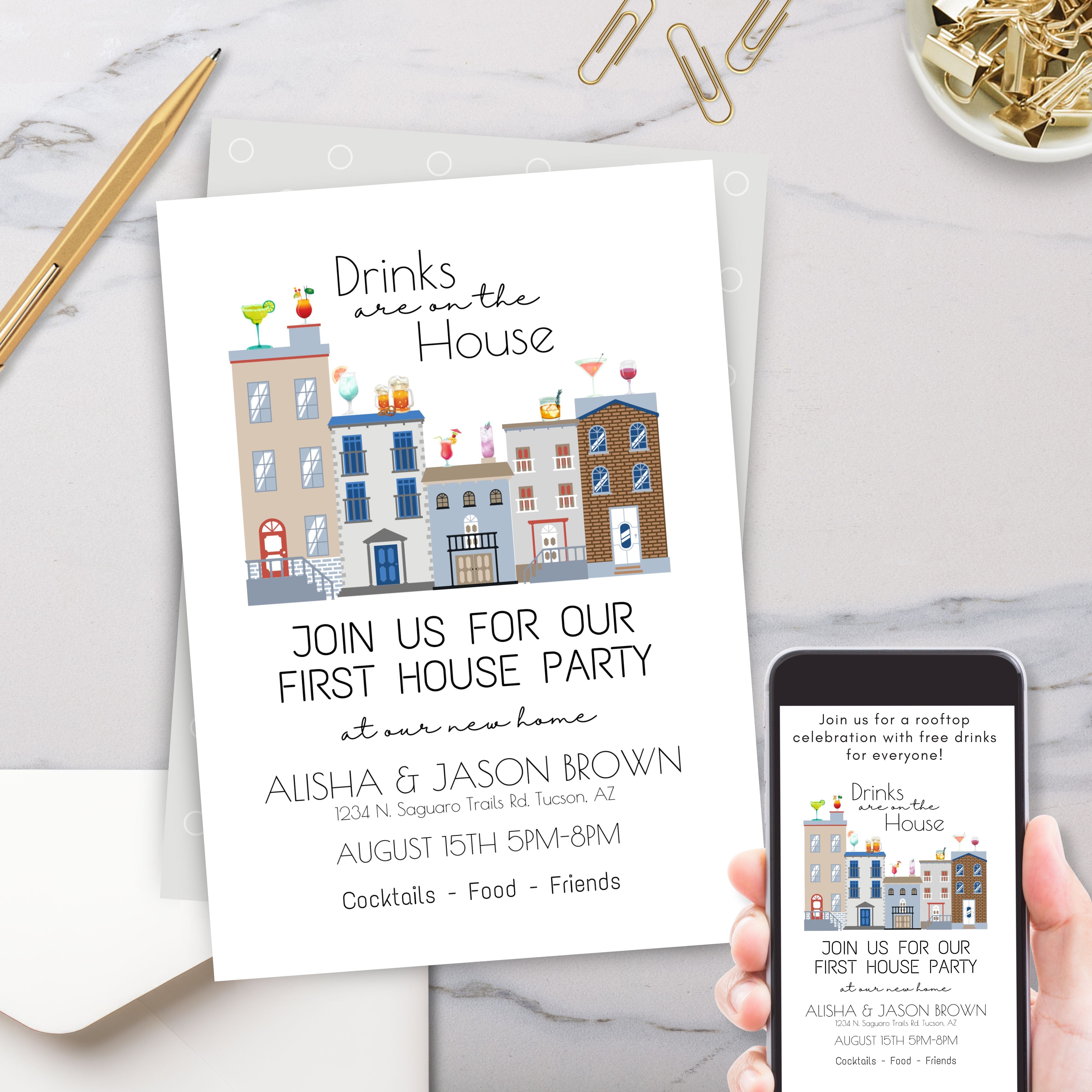 modern drinks on the house housewarming party or rooftop dinner party invitations