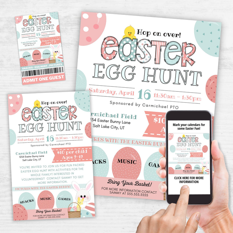 Easter egg hunt invitations with a smartphone displaying an app interface.
