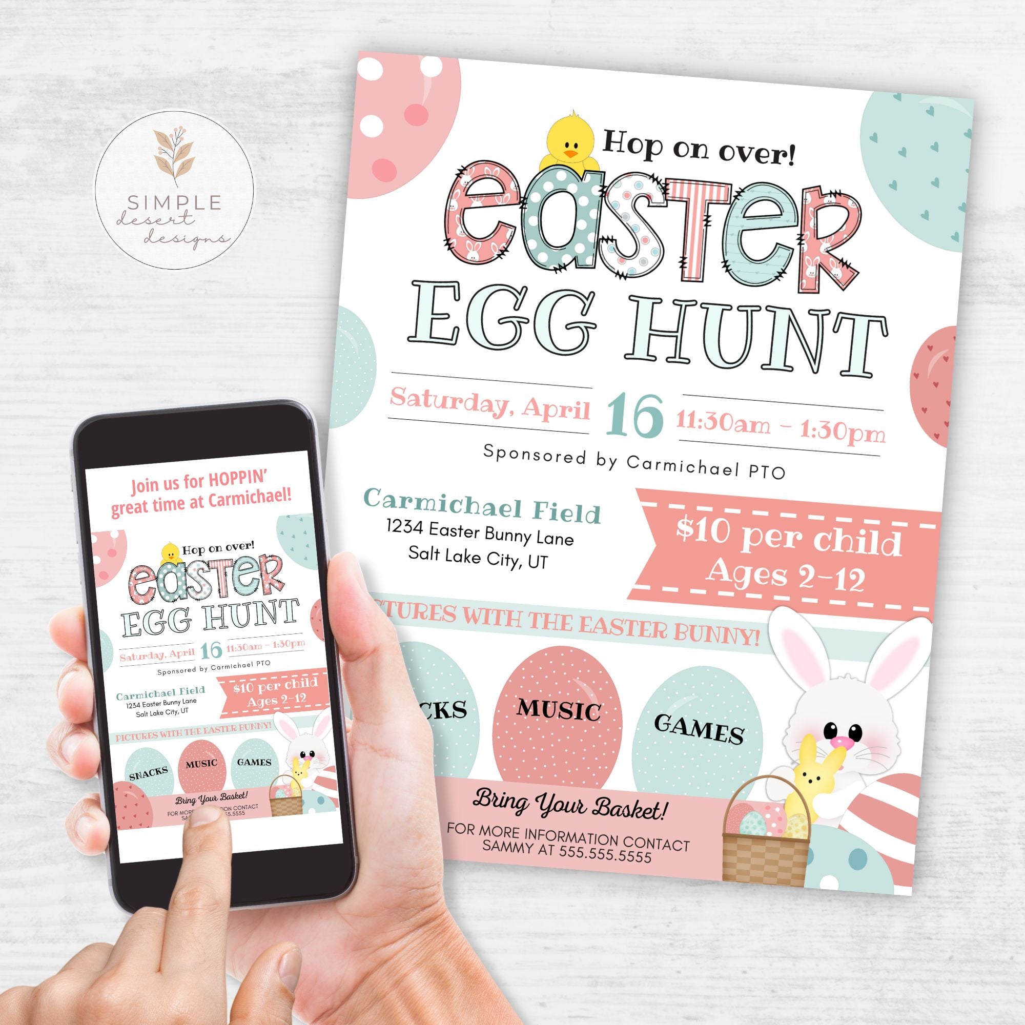 Easter egg hunt flyer and smartphone with digital version on a light gray background