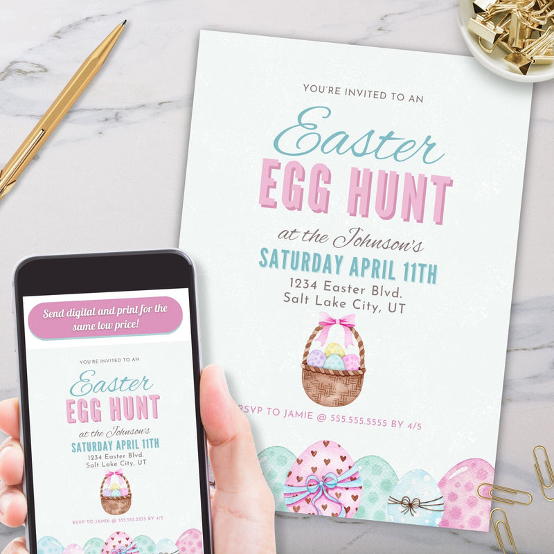 pastel Easter egg hunt invitation with watercolor eggs and Easter basket printed on marble surface and on phone