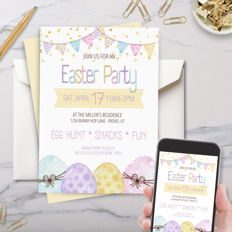 pastel watercolor easter party invitation with cute easter eggs, pennants and gold glitter with pastel typography on cell phone and printed on marble surface