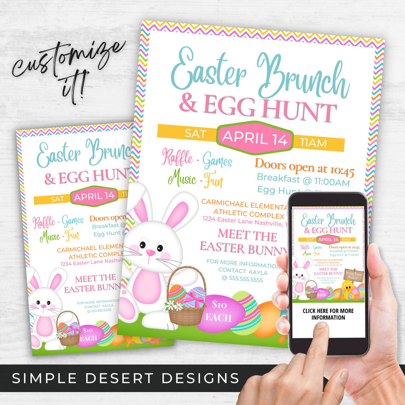 fun and colorful easter brunch and egg flyers digital and printed with invitation customizable for any easter bunny event