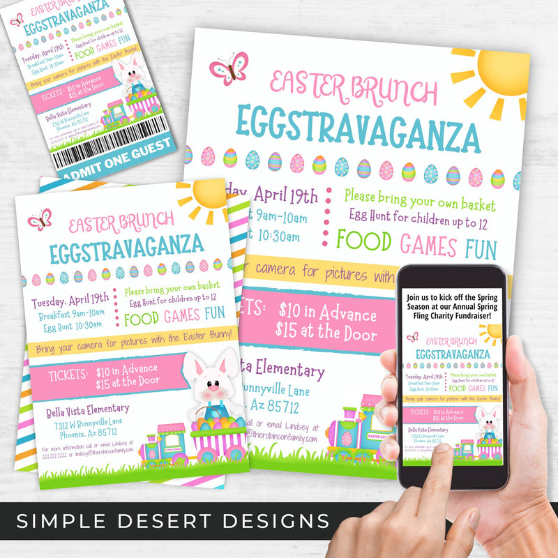 customizable easter brunch invitation with egg hunt tickets and custom invitation