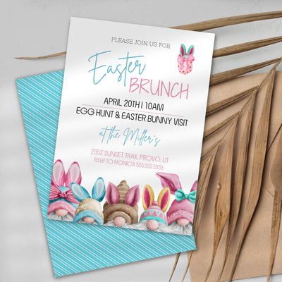 cute easter brunch invitation with gnomes wearing bunny ears in modern script and typography