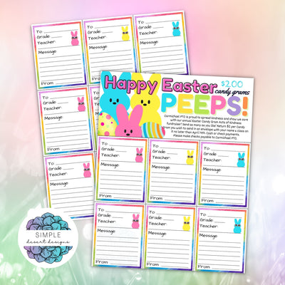 cute and colorful easter candy gram fundraiser sheets for schools or work with marshmallow peeps theme