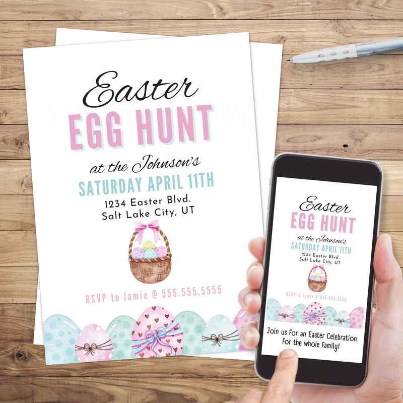 modern easter egg hunt invitation with cute eggs and easter basket
