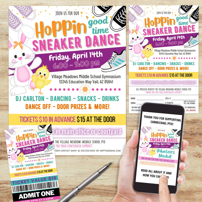 unique easter event flyer poster ticket social media post bundle for easter sneaker dance