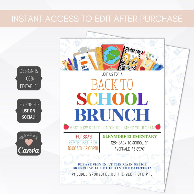front and back of back to school brunch invitation for staff and teachers with 100% editable elements and editable in Canva