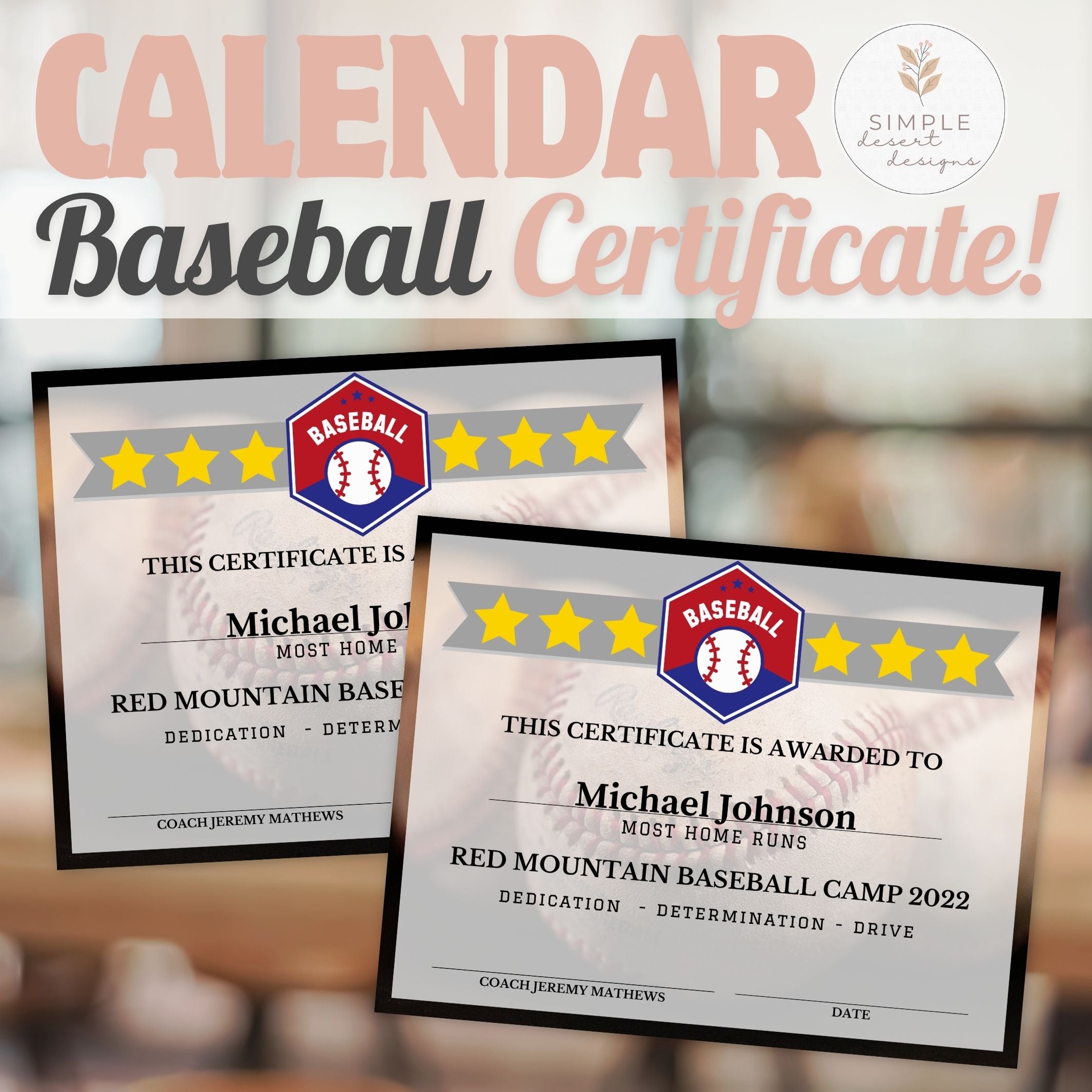 Baseball certificates with a blurred background and 'Simple Design' logo.