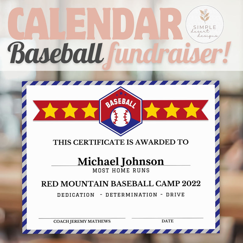 Baseball fundraising certificate for Michael Johnson at Red Mountain Baseball Camp 2022 with a blurred background.