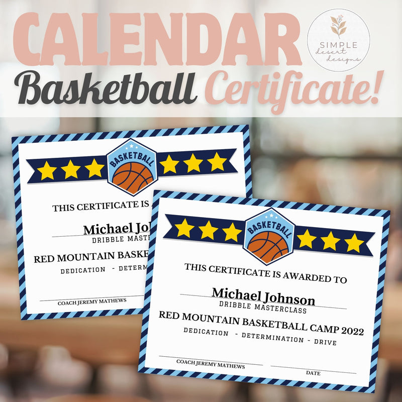Basketball certificates with star design and text on a blurred background