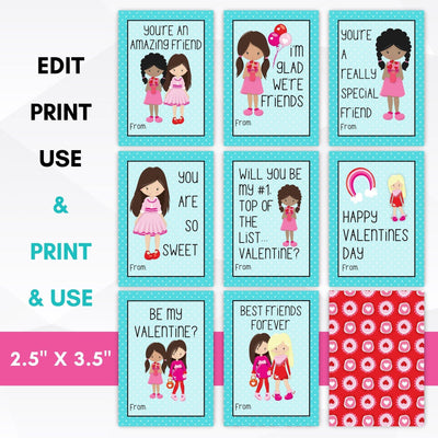 Cute Girls Classroom Valentines Card Set