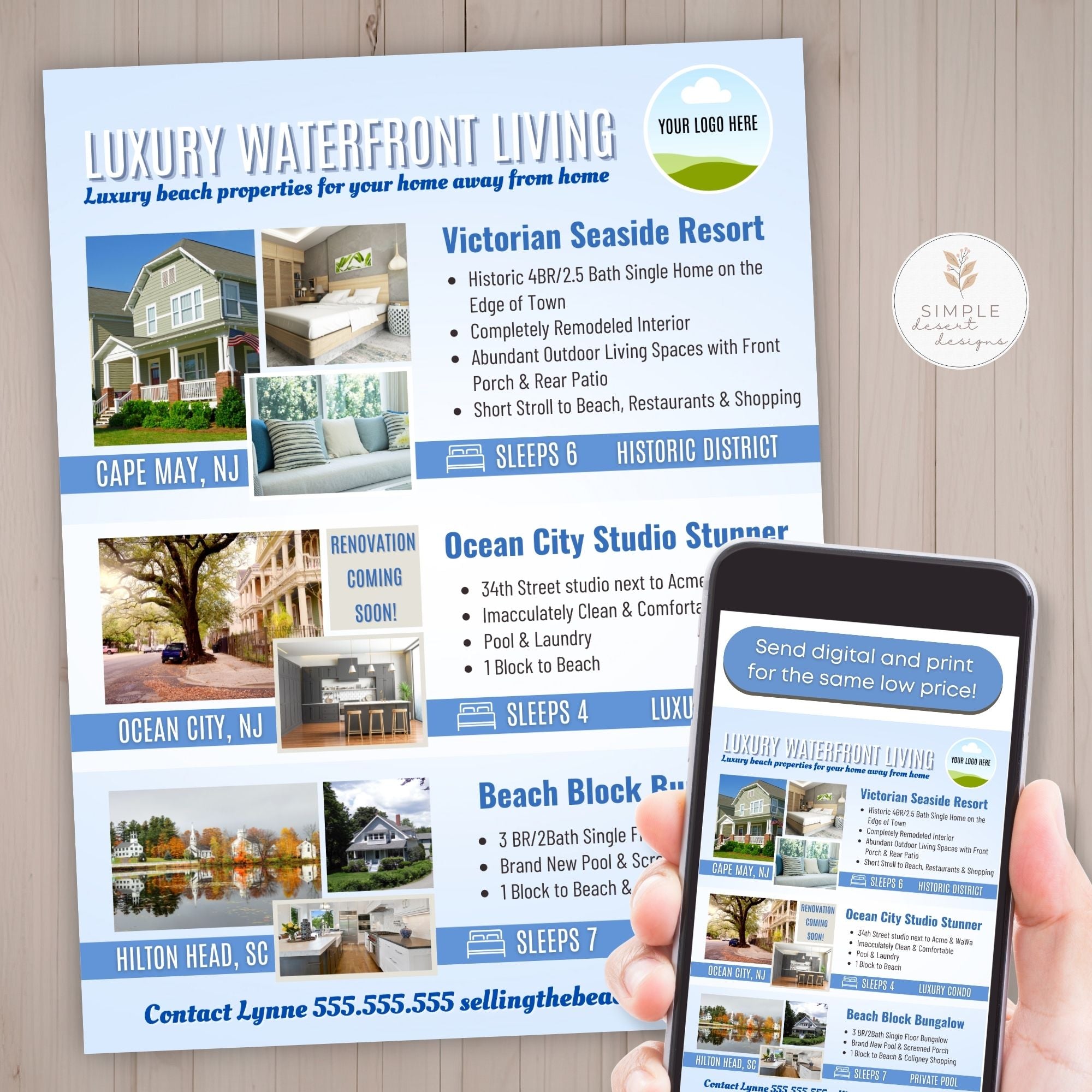 Flyer showing 3 real estate properties with 3 images each and a logo placeholder on wood surface and phone.