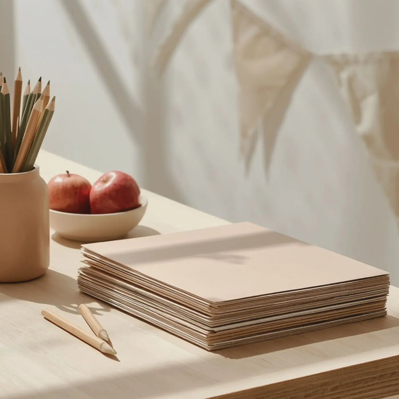 Stack of brown flyers on a light wooden surface with a bowl of apples and a container of pencils representing a collection of editable school event templates for family nights, parent engagement events, and meet the teacher introductions.