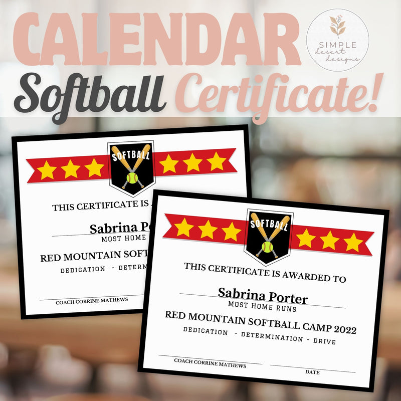 modern minimalist softball certificate with customizable colors for coaches and team moms