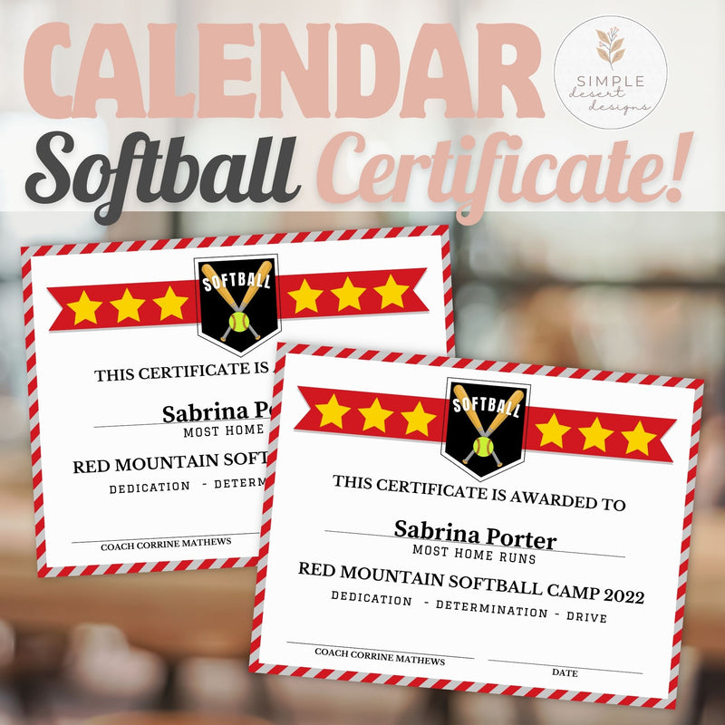 Two softball certificates with red and white border on a blurred background