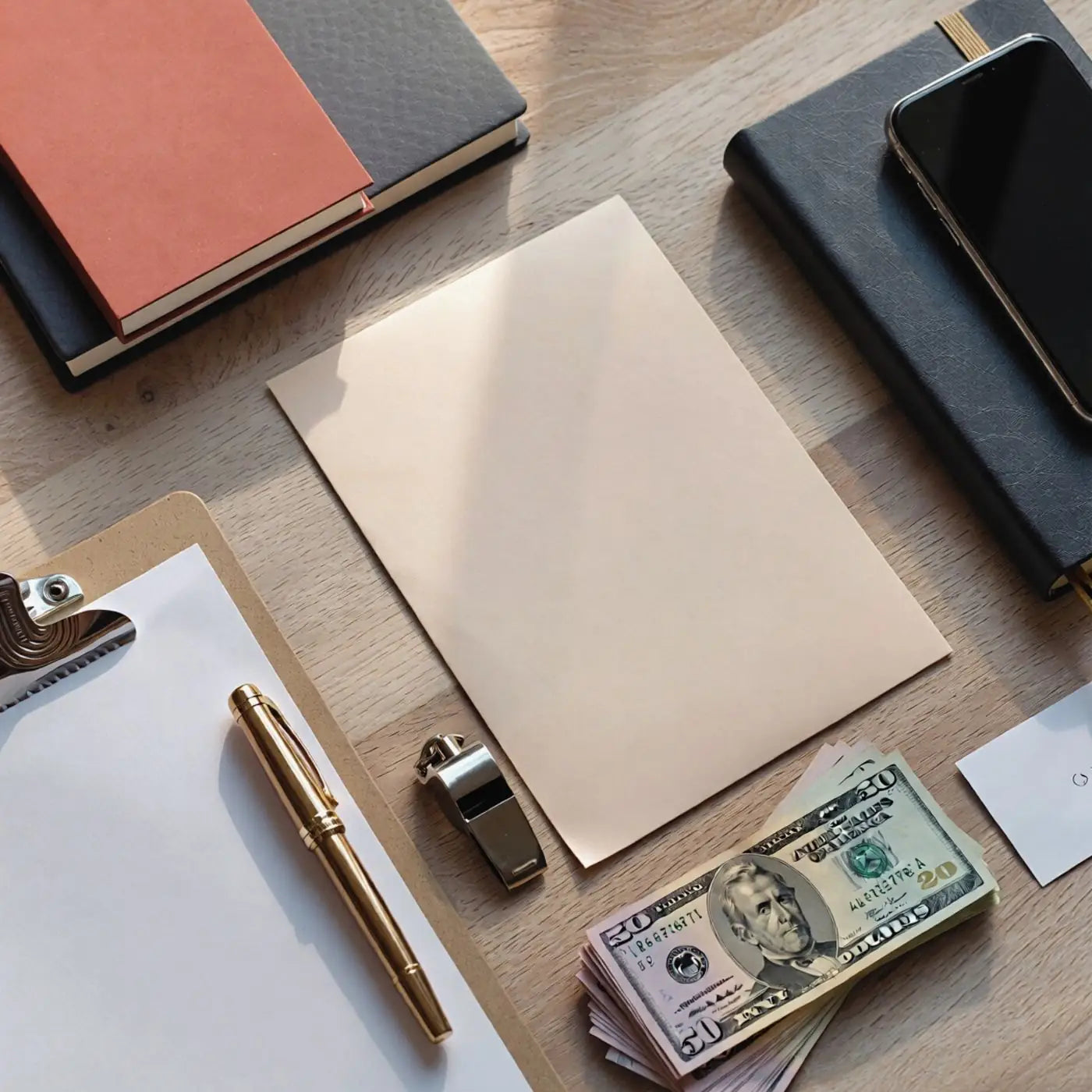 Business accessories including a notebook, pen, money, and phone on a wooden surface representing a collection of editable sports and team event templates for fundraisers, end of season banquets, senior nights, and resources for coaches, team moms and booster clubs.