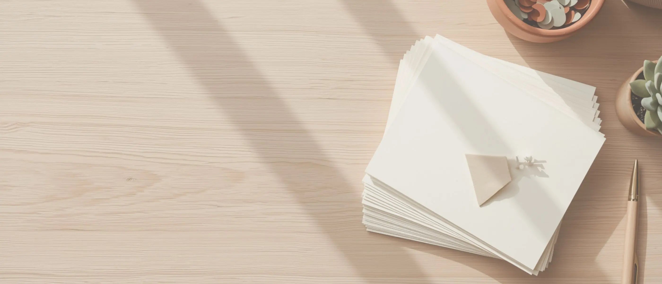 A minimalist kids' party planning station with an terracotta confetti, a potted succulent, and paper invitations, representing reusable party invitations, bundles, and seasonal printables for kids, friends, and families.