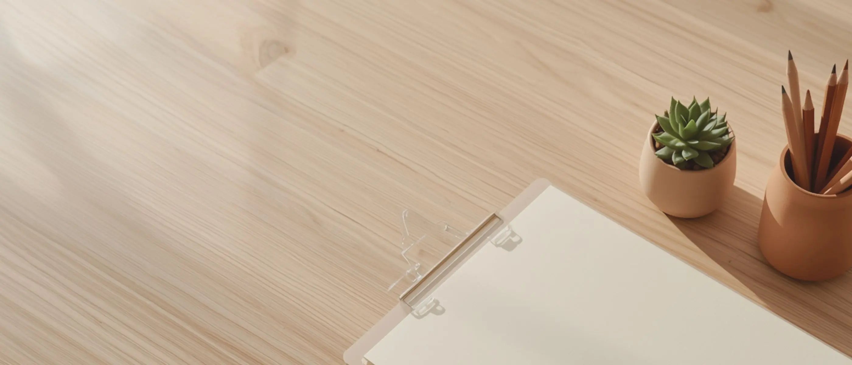 A minimalist teacher's planning station with an acrylic clipboard, terracotta succulent, and earth-toned colored pencils, representing editable flyer templates for classroom open house, spirit week, and awards.