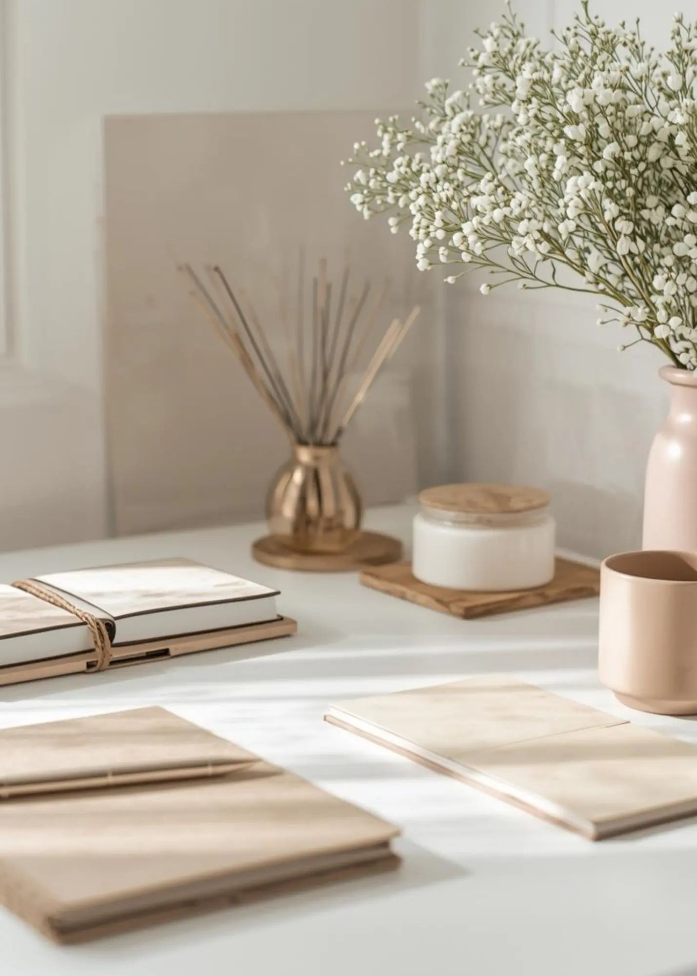 Decorative setting with wooden coasters, books, and a vase with white flowers on a light surface representing editable Canva templates for everyday events, celebrations, fundraisers, and professional resources by Simple Desert Designs.