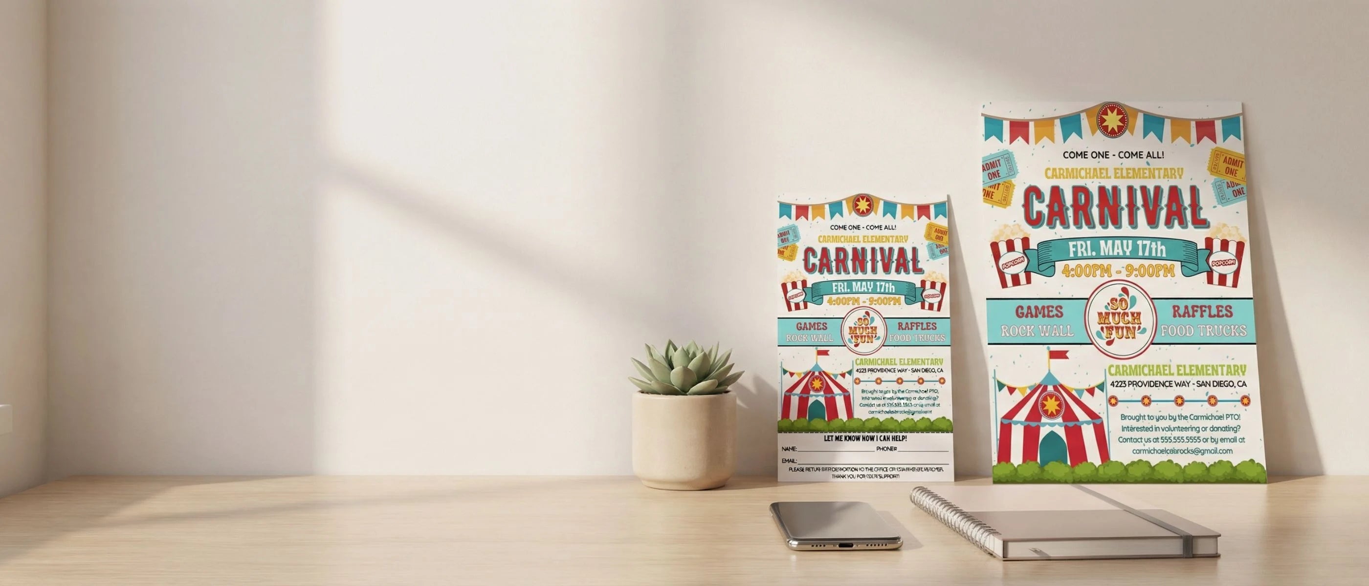 Lifestyle office setting showing editable Canva templates for school events and celebrations.