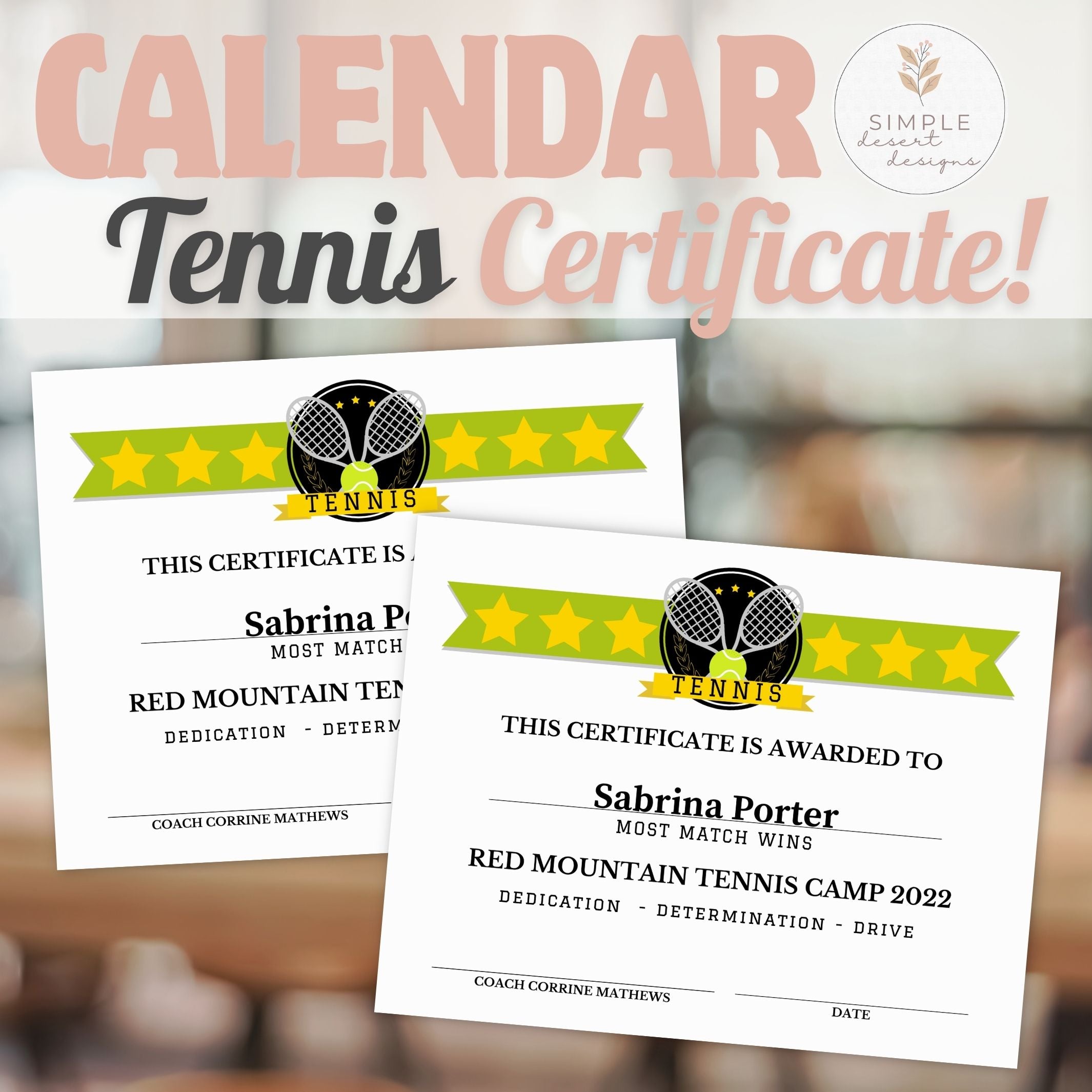 Two tennis certificates with a blurred background and 'Simple Design' logo.