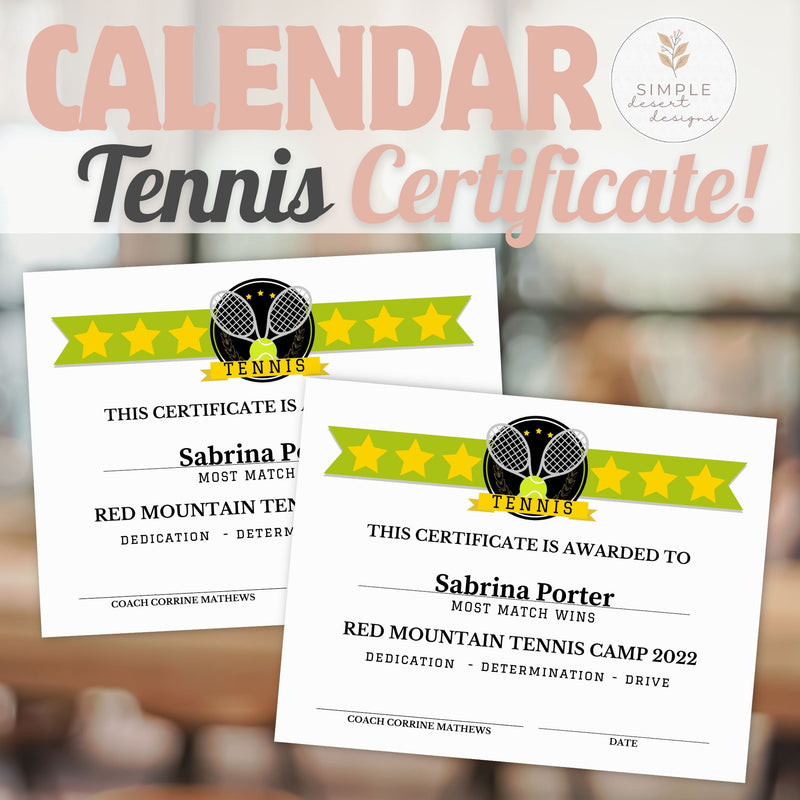 Two tennis certificates with a blurred background and &