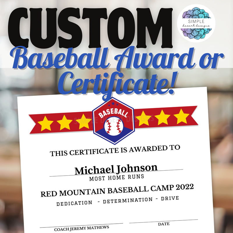 customizable baseball award certificates for end of season or baseball camp
