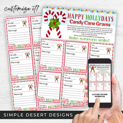 Printed candy cane grams fundraiser flyer and sheets on white surface with digital version shown on cell phone and parent clicking to get more information.