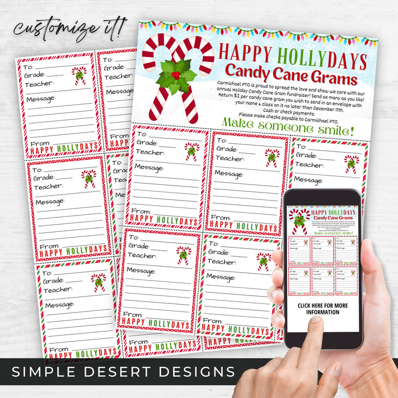 Printed candy cane grams fundraiser flyer and sheets on white surface with digital version shown on cell phone and parent clicking to get more information.