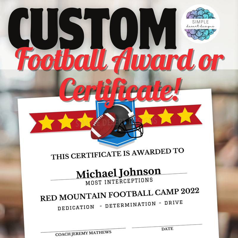 fully customizable football award or certificate to match your team colors
