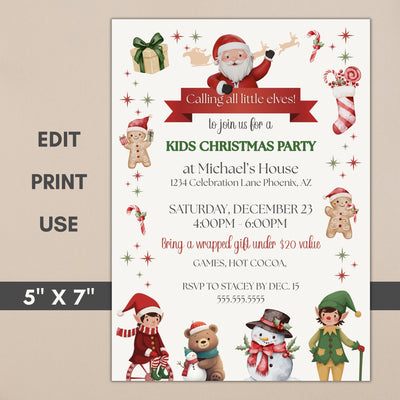 Christmas party invitation with Santa, elves, and winter elements on a beige background