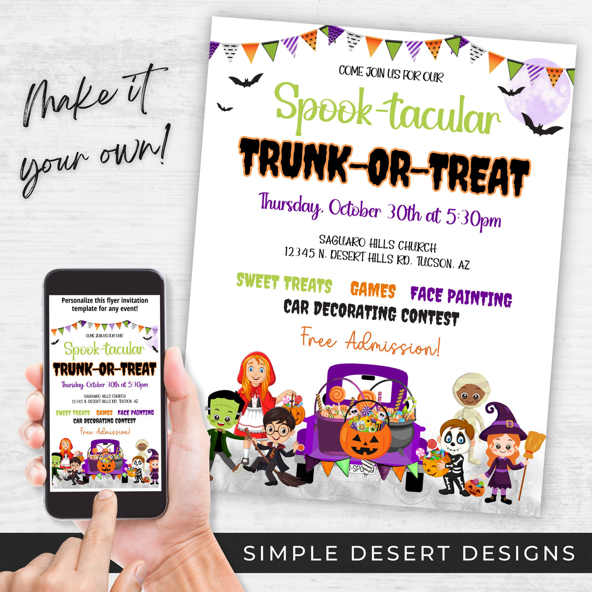 Editable Trunk or Treat Halloween Flyer Template - Simple Desert Designs