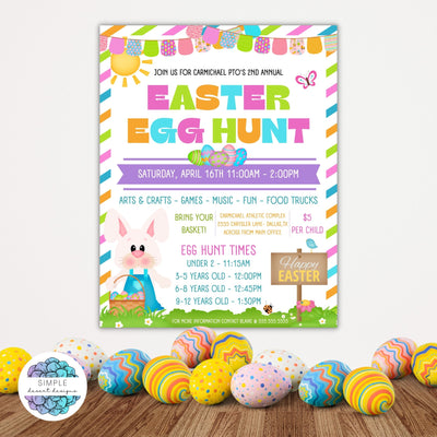 cute and colorful egg hunt flyer displayed with easter eggs