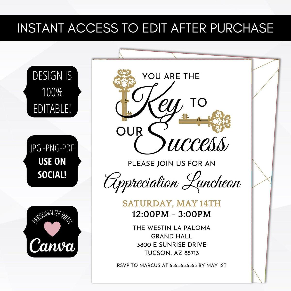 Elegant Key to Our Success Appreciation Invite – Simple Desert Designs